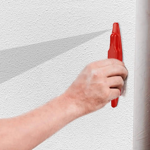 Person using FewNvWa Handheld Stud Finders for Wall Metal Detection in Wood And Drywall, Red on textured white wall.