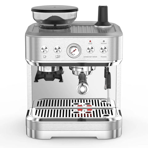 Quick Bean To Cup Coffee Machine With Built In Grinder For Barista Caliber Espresso And Silky Lattes Featuring Fine Tuning Conical Burrs And Sleek Stainless Steel Design, front view with control panel.