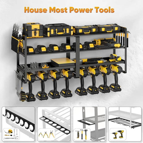 32 Inch Wide Heavy Duty Metal Power Tool Organizer Wall Mount With Four Tier Racks And Drill Hanger Eight Drill Holders