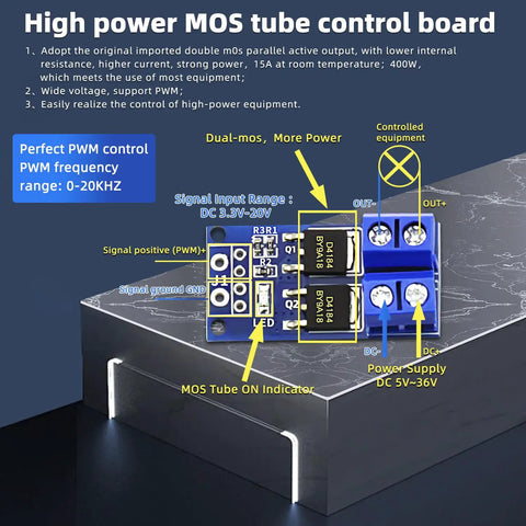 Diagram of 12 Pack High Power MOSFET Trigger Switch Drive Module 5V-36V DC PWM Controller showing components and connections.