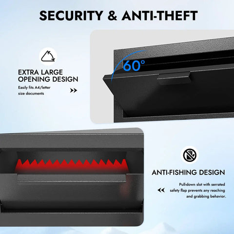 Heavy Duty Front Drop Safe Box Built To Last Fireproof Waterproof For Home And Office With Top Lock Cash Stash Compartment Anti Fishing Security Free Fireproof Bag For Cash Jewelry And Important Documents showing anti-fishing design and extra large opening.
