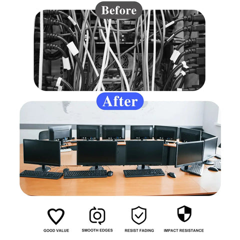 One Inch Desk Grommet Caps, Heavy Duty Plastic Wire Hole Covers To Keep Your Setup Straight Up Clean, Smooth Install Cord Organizer, Matte Black Ten Pack before and after tidy cables.