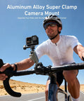 Cyclist using Super Clamp Camera Mount With 360 Dual Ball Head For Bike Handlebar; securely holds action camera on handlebars.