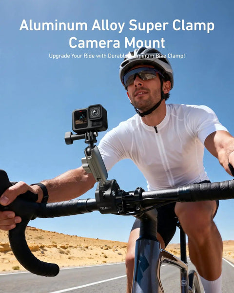Cyclist using Super Clamp Camera Mount With 360 Dual Ball Head For Bike Handlebar; securely holds action camera on handlebars.