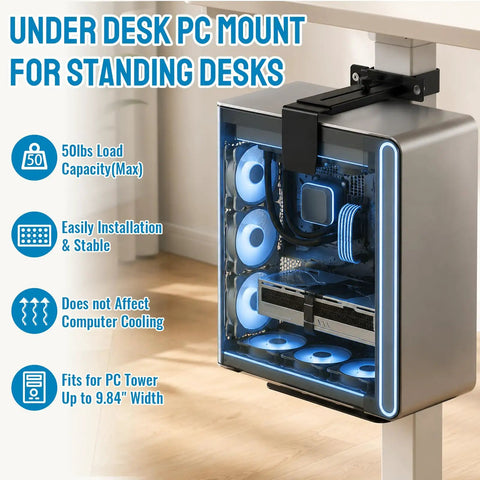 Built Tough Under Desk Pc Mount Clamp On Computer Tower Case Holder Handles Fifty Pounds Fits Standard Desk Legs, mounted on standing desk.