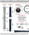 Diagram showing how to measure watch case, band, and parts using a ruler with labeled components and dimensions.