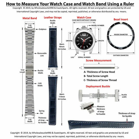 Diagram showing how to measure watch case, band, and parts using a ruler with labeled components and dimensions.