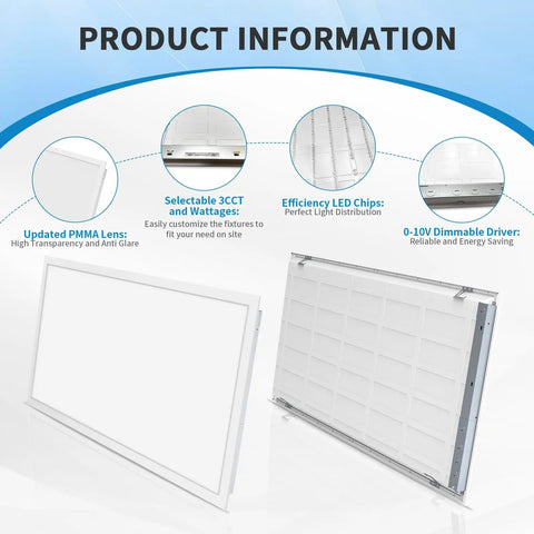 24 Pack 2x4 LED Flat Panel Light For Drop Ceiling With 0-10V Dimmable And Selectable 3500K/4000K/5000K, product features diagram