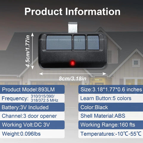 Two Pack Universal Garage Door Opener Remote Compatible With Most Major Brands Replaces 893LM 893Max 971LM No Wait Wireless Keyless Entry Safe Security Works With Three Frequency Safety Scroll Codes Easy Setup shown with product specifications.