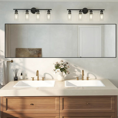 4 Light Black Bathroom Vanity Light Fixtures With Rustic Farmhouse Style Over Mirror, glass shades, matte black finish.