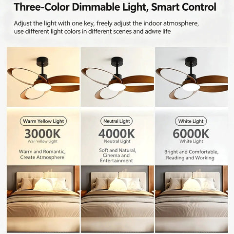 YPDJVLTI Ceiling Fans Lights 42-52Inch Ceiling Lamp showcasing three color settings: warm, neutral, and white light options.