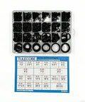 Open box showing 20 Size 1020 Pieces Nitrile Rubber O Ring Assortment Kit Universal Metric NBR Seals with size chart.