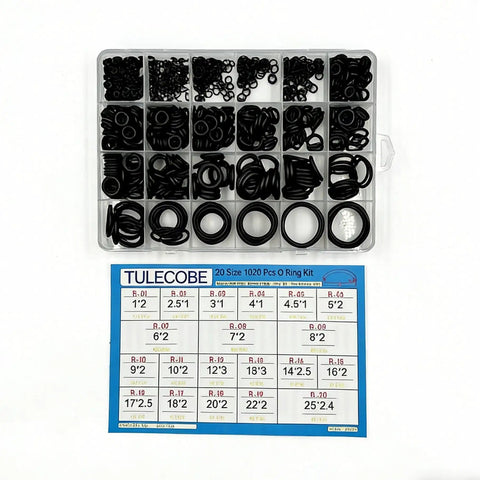 Open box showing 20 Size 1020 Pieces Nitrile Rubber O Ring Assortment Kit Universal Metric NBR Seals with size chart.