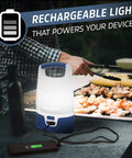 Smart Multi Color LED Lantern 1200 Lumen Rechargeable Camping Light For Indoor And Outdoor Use illuminating a barbecue grill area