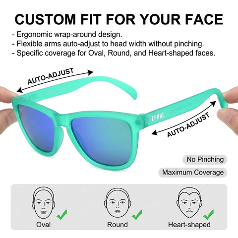 Square Polarized Sunglasses For Women And Men With Mirror Lenses No Bounce No Slip, turquoise with adjustable arms for custom fit