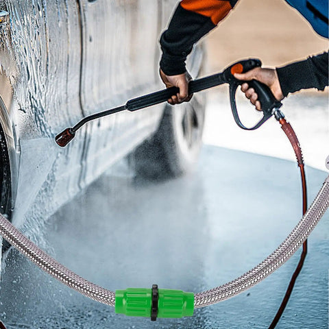 Ultimate Expandable Hose Repair Kit With 10 Heavy Duty Pipe Parts For Fixing Leaks, Burst Hoses And Garden Connections Fast Using Double Layer Sealed Design That Holds Strong Under Pressure Today.. green ABS hose connector on braided expandable hose being pressure washed