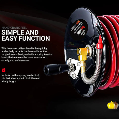 Retractable Air Hose Reel With Hand Crank Built Tough Three Eighths Inch By Fifty Feet 300 PSI 20 Bar Heavy Duty Steel