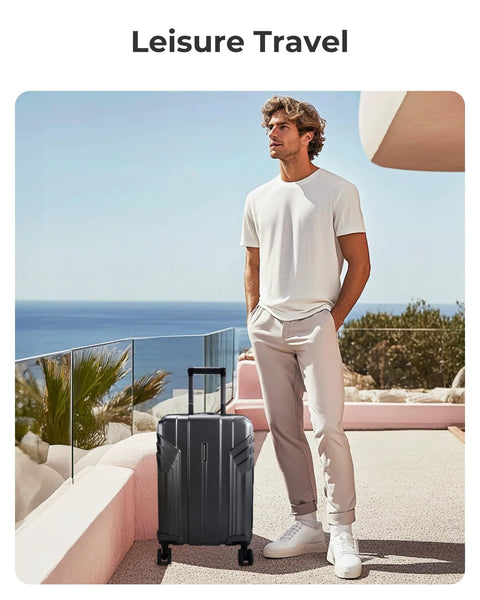 Front view: BAGSMART 20-inch gray expandable carry-on luggage with spinner wheels, hard shell