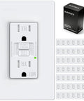 Fifty Pack Built Tough Fifteen Amp GFCI Outlets Featuring Automatic Self Test Mechanism WR Rated UL Certified Ground Safety Receptacles displayed with a test reset outlet and packaging.