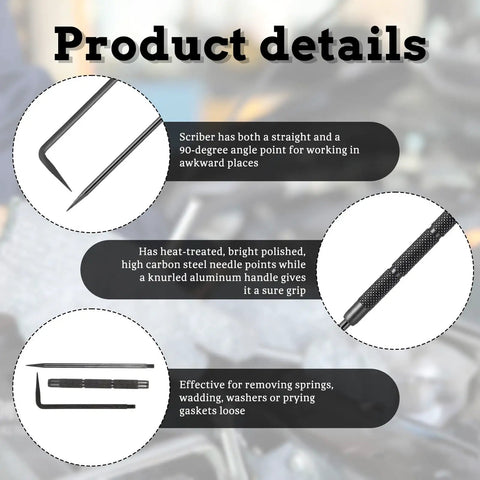 Badass Double Pointed Scriber Tool 10 Inch Long With Slick Textured Grip For Knockout Precision Marking On Steel Glass And Ceramics Carbide Tipped Professional Welding Layout Pen In Black showing straight and 90-degree points.