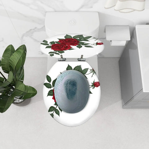 Round Resin Toilet Seat for Bathroom featuring red roses design, top view, fits standard toilets, measures 14.5" x 16.5".