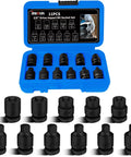 11 Piece Three Eighths Inch Drive Impact Socket Set With SAE Pipe Plug Sockets in blue case, male and female sizes visible