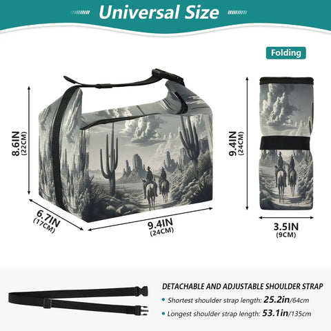 Cowboy Desert Inspired Insulated Lunch Bag With Horse Ride Design showcasing size, large capacity, and foldable feature.