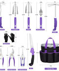Purple Garden Tool Set For Women 11-Piece Heavy Duty Gardening Kit With Detachable Storage Bag and tools shown in layout