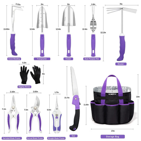 Purple Garden Tool Set For Women 11-Piece Heavy Duty Gardening Kit With Detachable Storage Bag and tools shown in layout