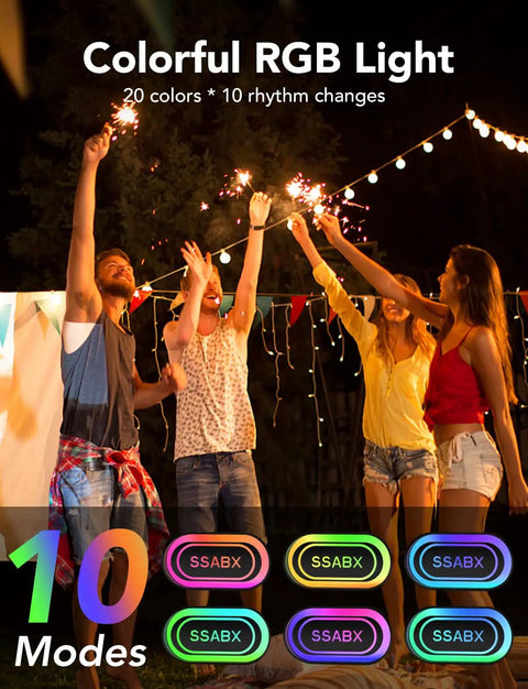 Group of people enjoying a party with a Powerful Outdoor Bluetooth Speaker With 30W Dual Drivers And Dual Channel, Colorful RGB Lights.