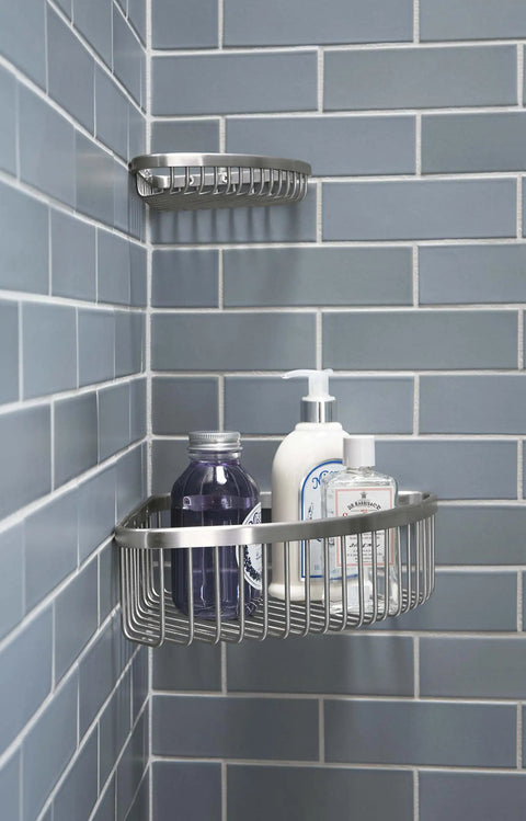 Big Corner Shower Basket in Polished Stainless Steel Corrosion Resistant Durable Bathroom Organizer with toiletries in shower corner