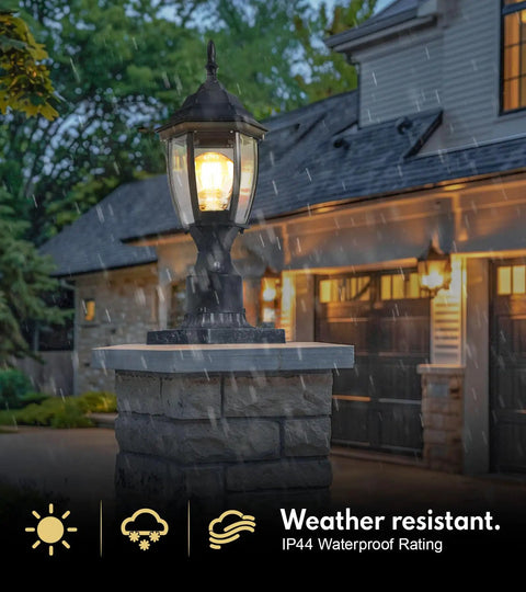 Dusk To Dawn Outdoor Post Light Hardwired 120V Aluminum Exterior Lantern with pier mount illuminated in rain
