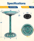 Specifications of the Outdoor Solar Fountain Bird Bath With 20 Inch Bowl In Green Polyresin Pedestal Weatherproof Garden Bird Bath Set Solar Powered Pump Easy Assembly With Detachable Rods For Calm Water Flow To Attract Birds