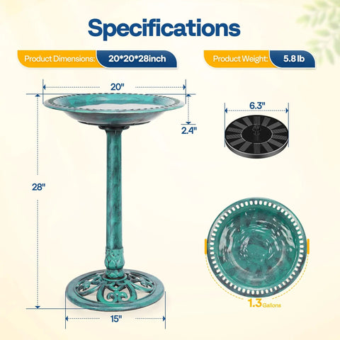 Specifications of the Outdoor Solar Fountain Bird Bath With 20 Inch Bowl In Green Polyresin Pedestal Weatherproof Garden Bird Bath Set Solar Powered Pump Easy Assembly With Detachable Rods For Calm Water Flow To Attract Birds