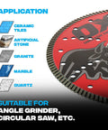 14 Inch Universal Diamond Blade For Dry And Wet Cutting Concrete Granite Tiles Natural Stone And Metal With Continuous Turbo Segments 20mm Or 1 Inch Bore Delivers Beast Performance And High Precision Pro Grade Disc, application examples and tool compatibility shown.