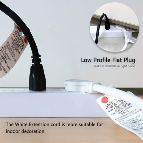 Heavy Duty 10 Foot Extension Cord 14 AWG 15 Amp 125 Volt White 1875 Watt Low Profile Cable in use behind furniture