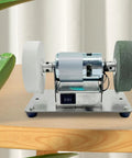 Ziocura Mini Belt Sander, Stainless Steel Bench Grinder With High Power Low Noise Design on wooden table, compact size for DIY projects.