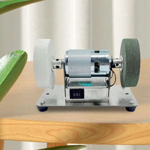 Ziocura Mini Belt Sander, Stainless Steel Bench Grinder With High Power Low Noise Design on wooden table, compact size for DIY projects.