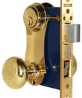 Beefy Double Cylinder Iron Gate Mortise Lock Set With Ornamental Knob Plate And 2 Point 5 Inch Backset Left Hand Reverse Polished Brass Finish