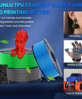 Colorful TPU filaments for 3D printing with examples of jewelry, hobby projects, and toys, emphasizing eco-friendly and recyclable properties.