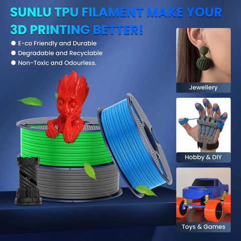 Colorful TPU filaments for 3D printing with examples of jewelry, hobby projects, and toys, emphasizing eco-friendly and recyclable properties.