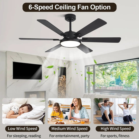 52 Inch Black Low Profile Ceiling Fan With Light And Remote, Dimmable LED, showing 6-speed indoor setup in a living room
