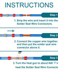 QIATOL solder seal wire connectors instruction diagram; blue heat-shrink butt connectors with copper wires, 3 steps.