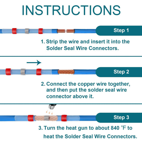 QIATOL solder seal wire connectors instruction diagram; blue heat-shrink butt connectors with copper wires, 3 steps.