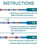 Instruction steps for using 120 Pcs Solder Seal Wire Connectors Kit for 22 18 AWG Heat Shrink Waterproof Butt Connectors.