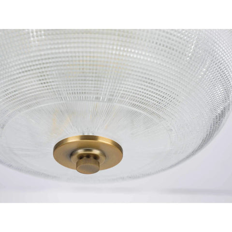 Bottom view of Vintage Brass Two Light Close To Ceiling Flush Mount Fixture In Archie Collection Style with prismatic glass.