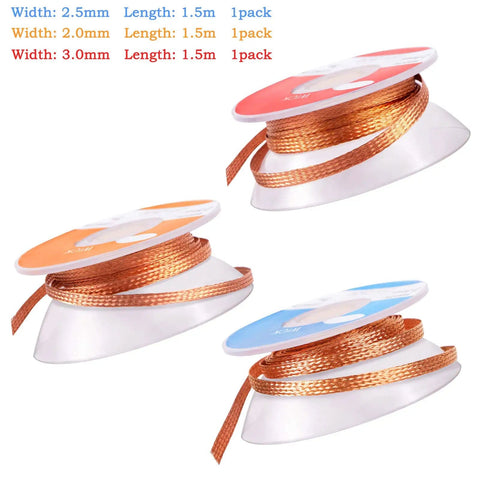 Top view of 3 Pack No Clean Solder Braided Wicks For Desoldering in 0.12/0.1/0.08 inch widths, on spools, 1.5m each