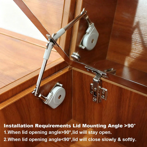 Two Pack Toy Box Hinges With Soft Close And 105 Degree Lid Stay installed on wooden chest.