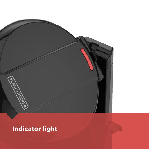 Top view of Rotating Waffle Maker With Belgian Style Deep Nonstick Grids And Even Batter Spread Easy Flip Lock showing indicator light.