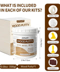 Premium White Wood Filler For Furniture Repair Heavy Duty Blend in 10.58 oz container with tools for easy application.